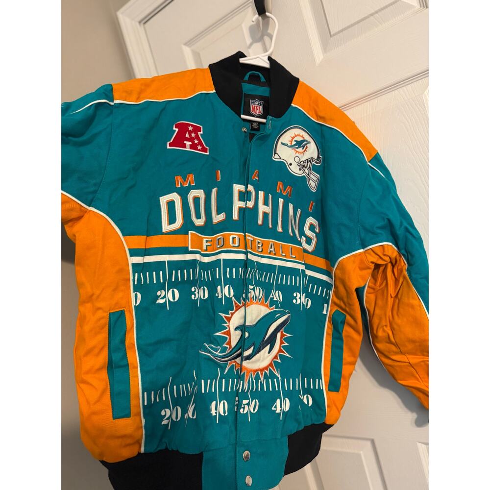 NFL Miami Dolphins Varsity Racing Canvas Oversized Jacket Orange Teal Sz: XL